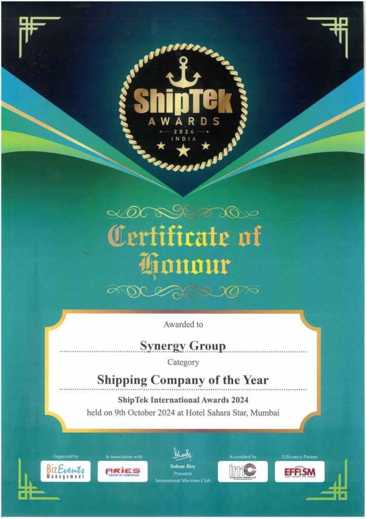 Certificate for Synergy marine of ShipTek International award 2024