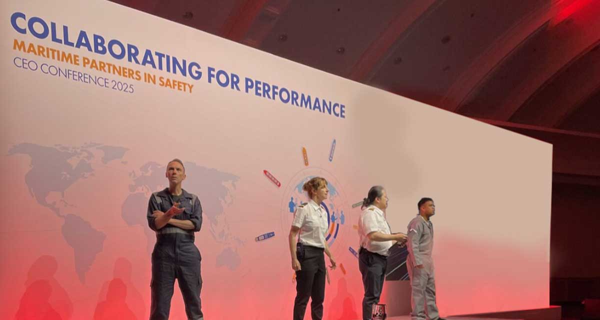 Four individuals in maritime uniforms stand on stage beneath a banner for the Shell Maritime Partners in Safety CEO Conference 2025, themed “Collaborating for Performance”.