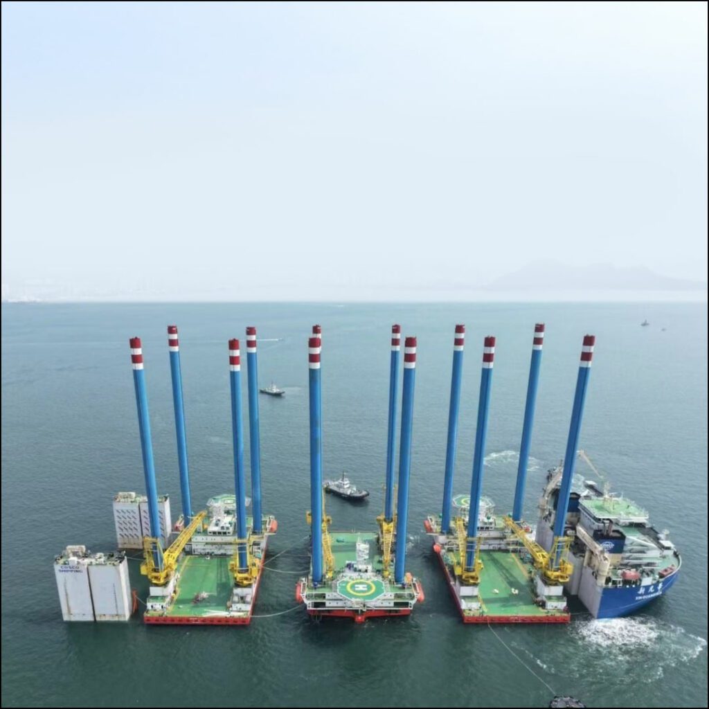 Three self-propelled jack-up barges loaded onto a heavy-lift vessel for transport under ARAMCO charter.